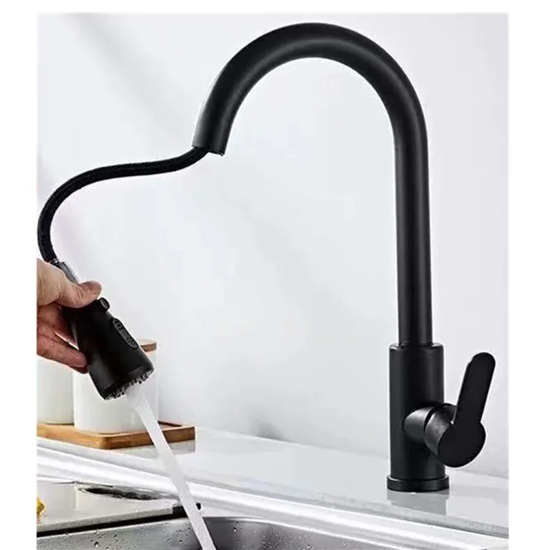 Black stainless steel pull out kitchen sink faucet with single handle design