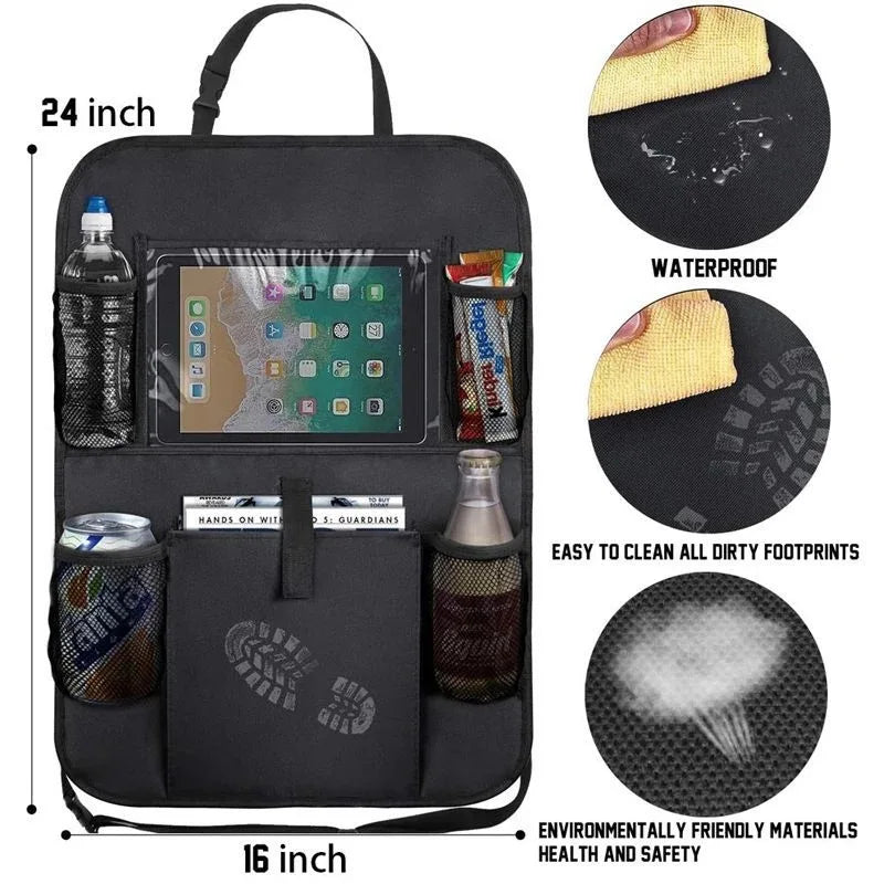 Car backseat organizer with touch screen tablet holder and storage pockets