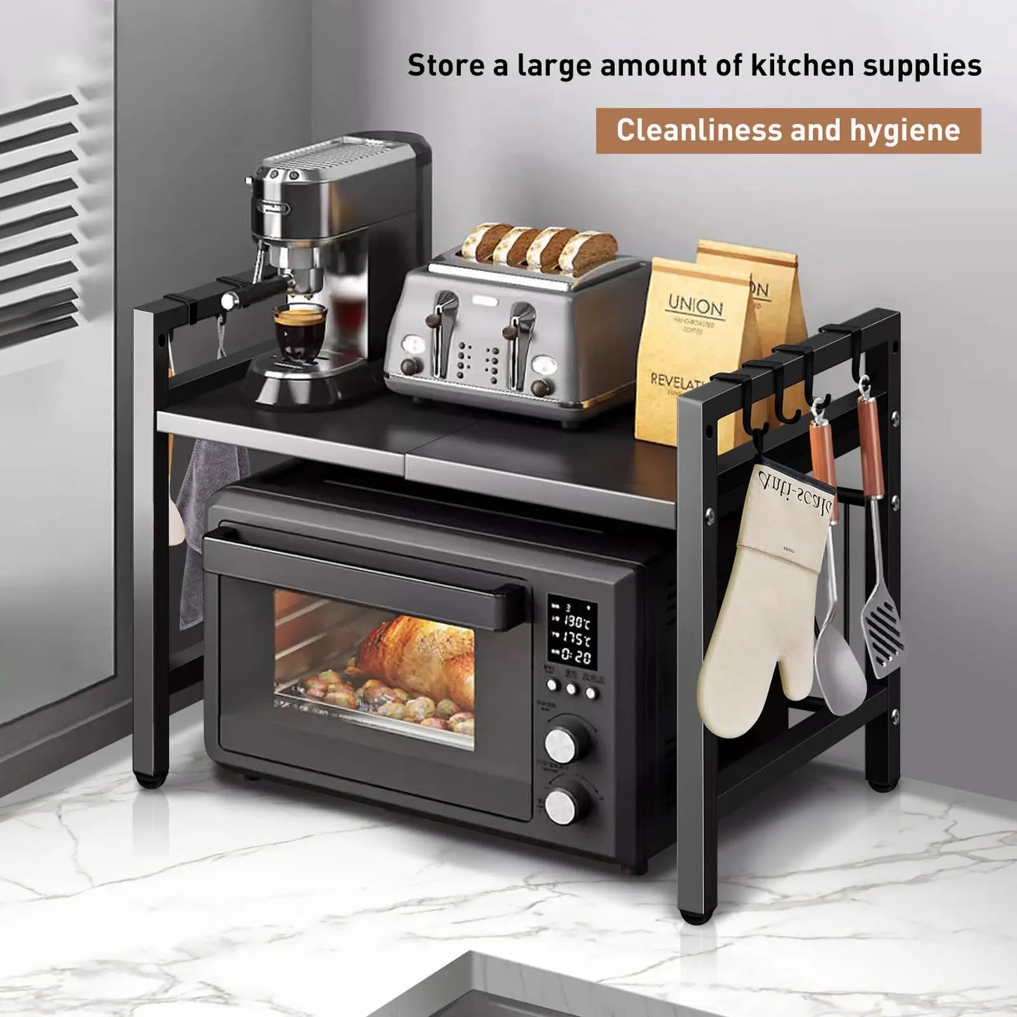 Black microwave shelf organizer rust proof kitchen countertop storage rack with hooks