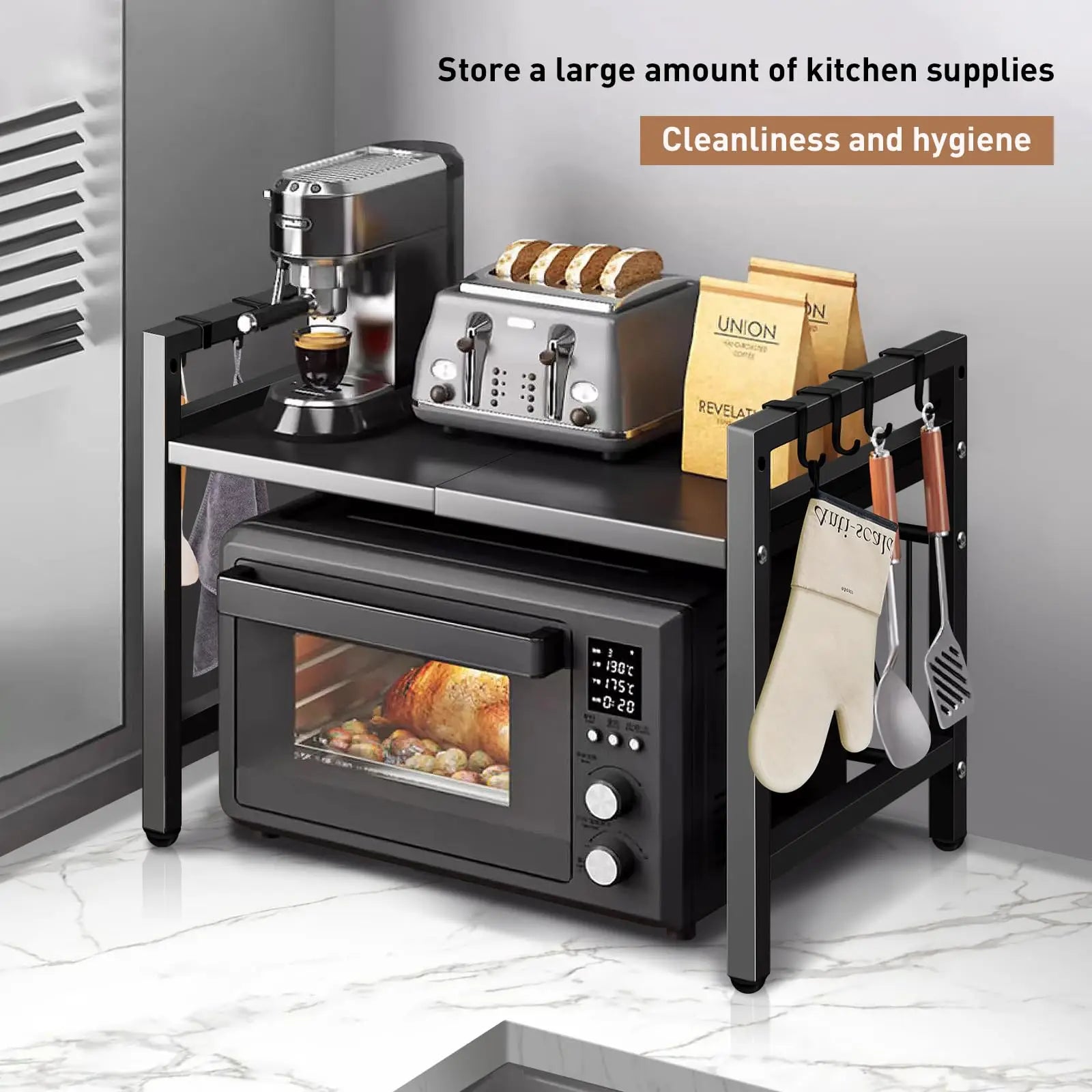 Black microwave shelf organizer rust proof kitchen countertop storage rack with hooks