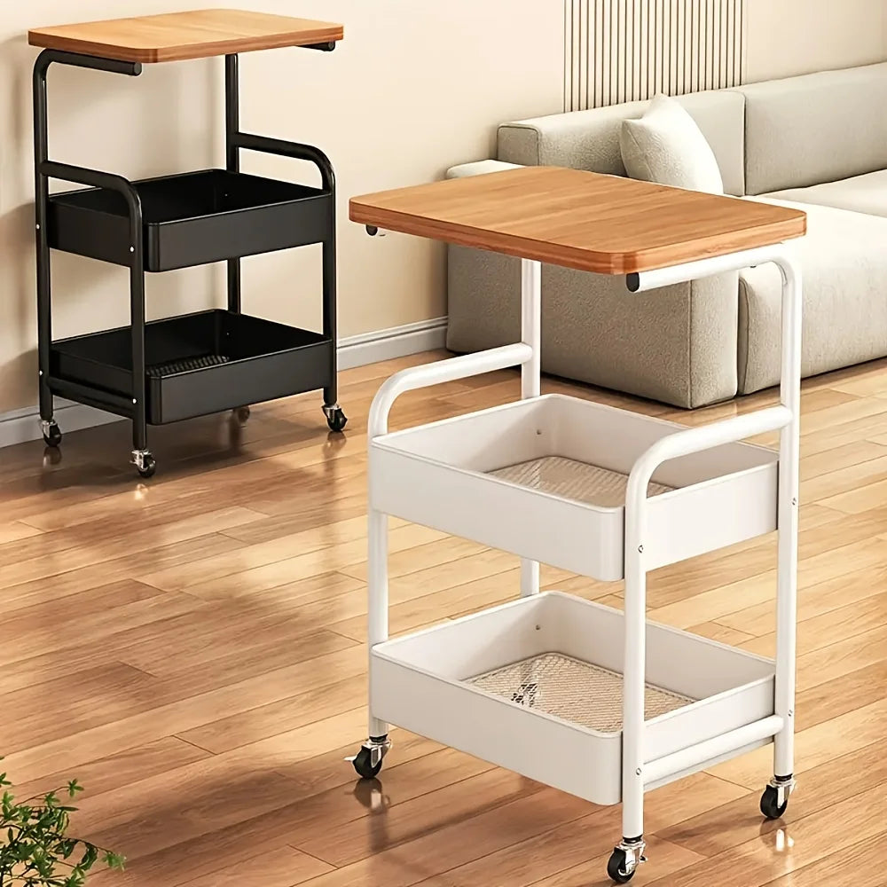 3 tier rolling cart with tabletop wood and metal storage rack with wheels