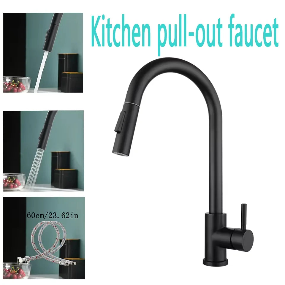 Black stainless steel pull out kitchen sink faucet with single handle design