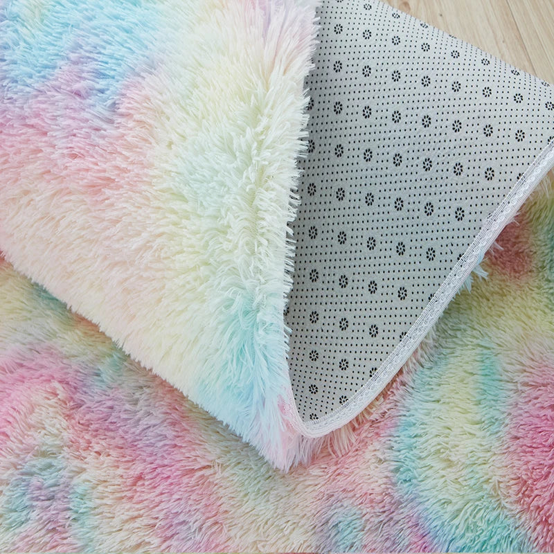 Kids rainbow fluffy area rug for bedroom playroom and living room decor