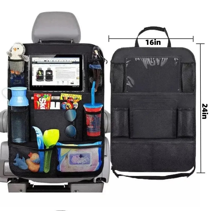 Car backseat organizer with touch screen tablet holder and storage pockets
