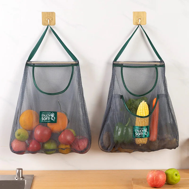 Reusable hanging vegetable storage net bag for fruits onions potatoes garlic and kitchen produce