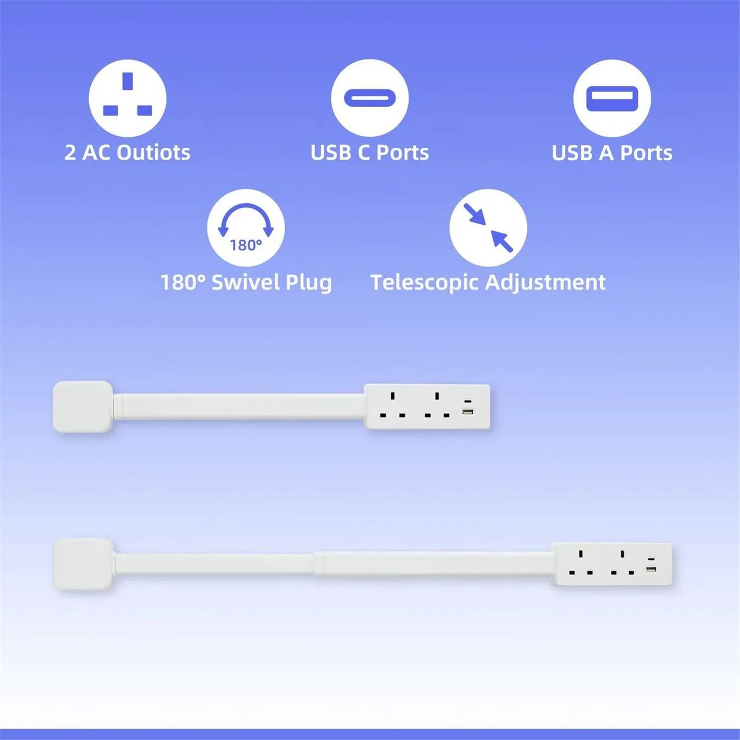 180 degree rotating power outlet extender with USB-A USB-C and 3 AC outlets