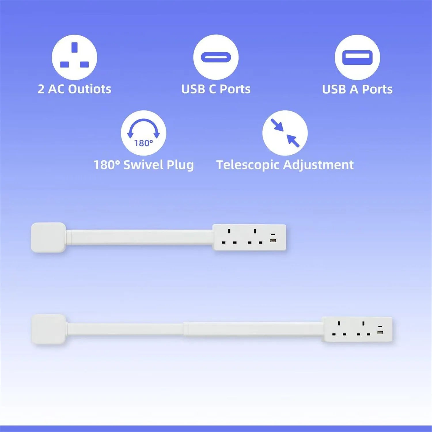 180 degree rotating power outlet extender with USB-A USB-C and 3 AC outlets