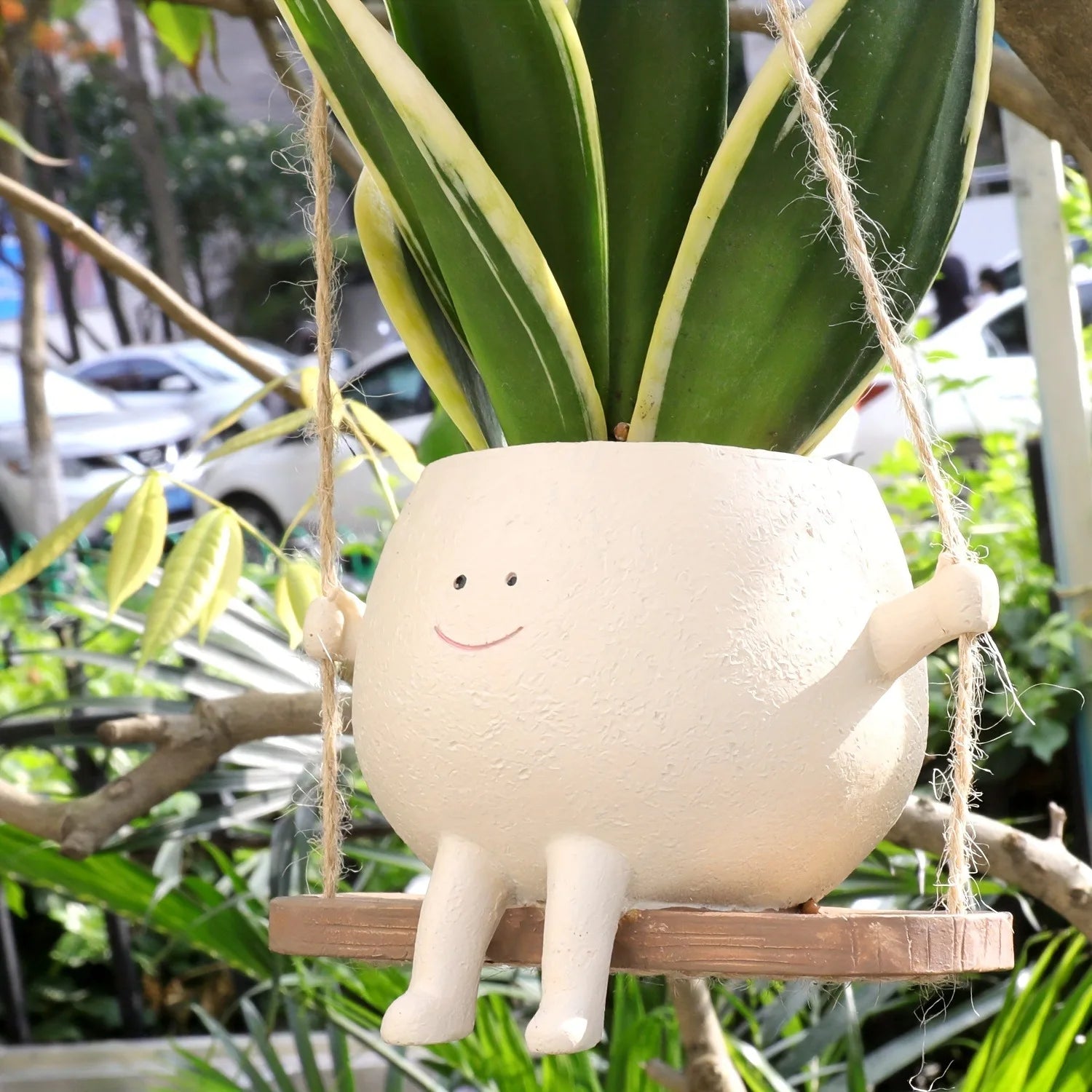 Cute smiling face resin hanging planter pot rustic succulent plant holder for indoor outdoor garden balcony patio home decor