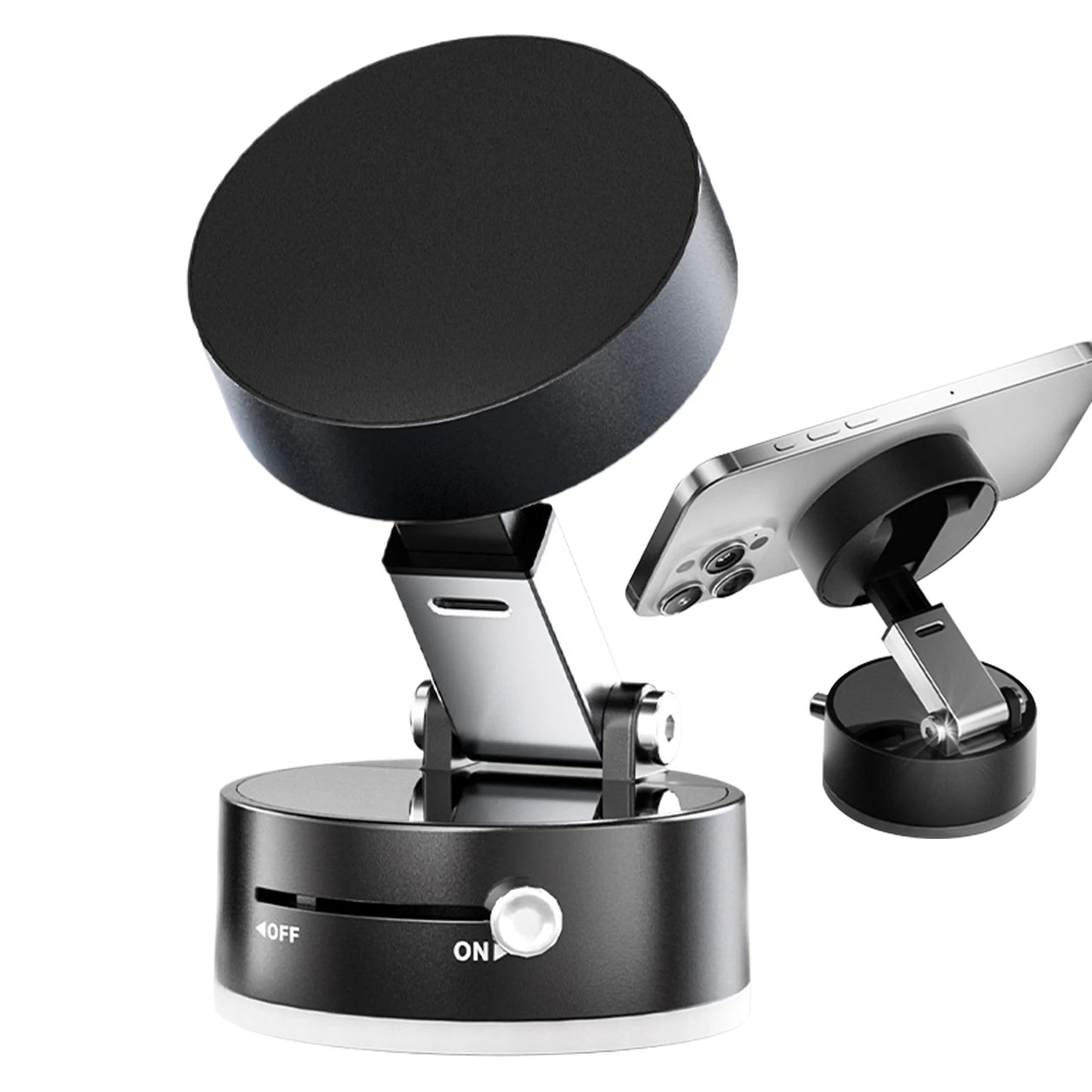 Magnetic suction car phone holder with double sided vacuum cup mount