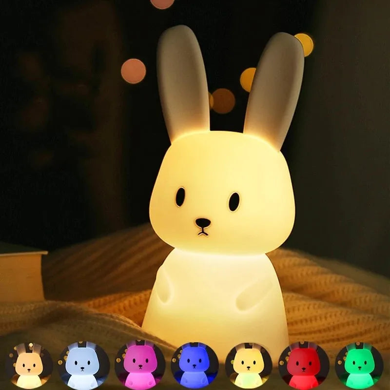 cute silicone rabbit LED night light with touch sensor rechargeable battery warm light and 7 color changing mode for kids bedroom nursery