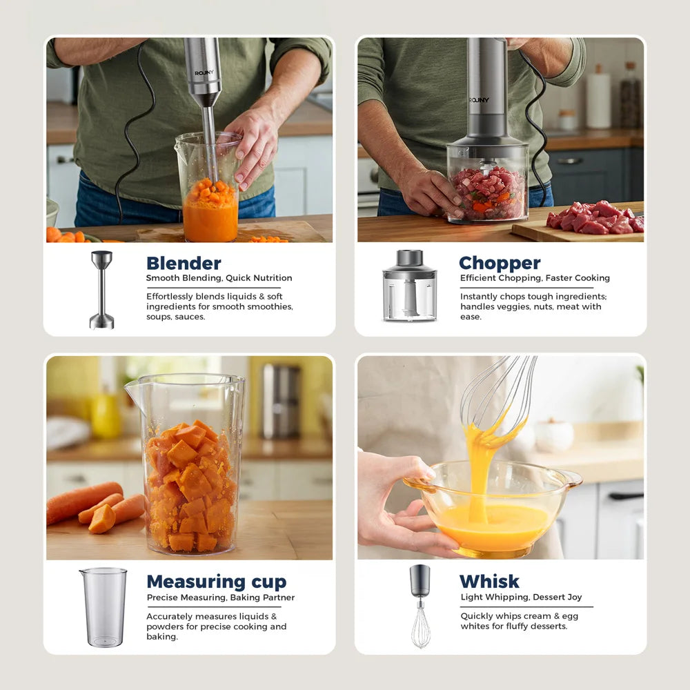 4-in-1 1000W stainless steel immersion hand blender set with chopper whisk and mixing cup