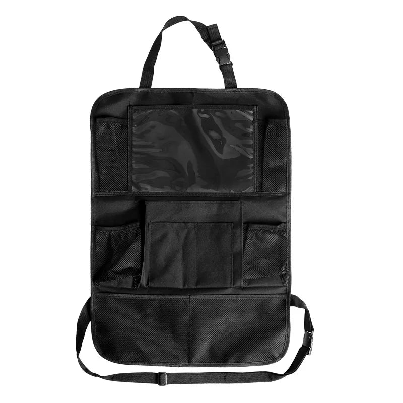 Car backseat organizer with touch screen tablet holder and storage pockets