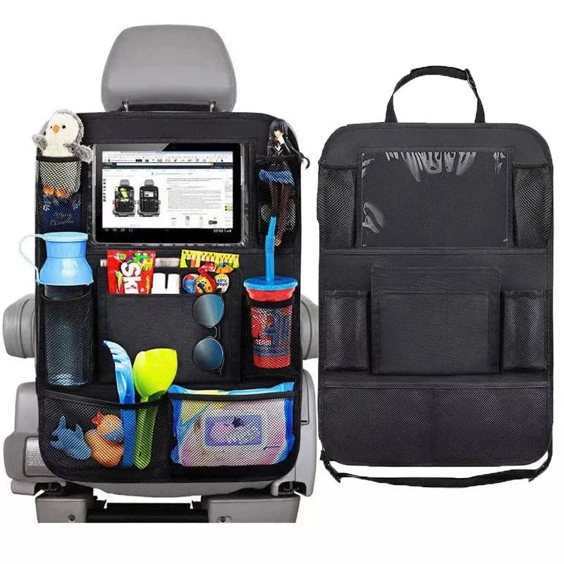 Car backseat organizer with touch screen tablet holder and storage pockets