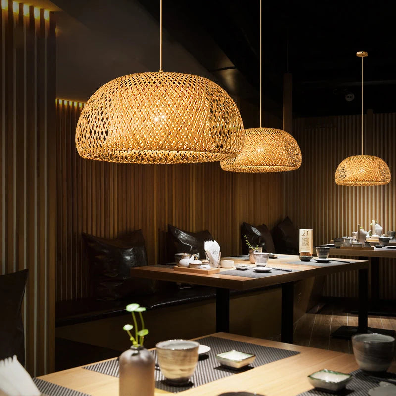 hand knitted bamboo pendant hanging lamp natural woven ceiling light fixture for bedroom dining room restaurant cafe and home decor