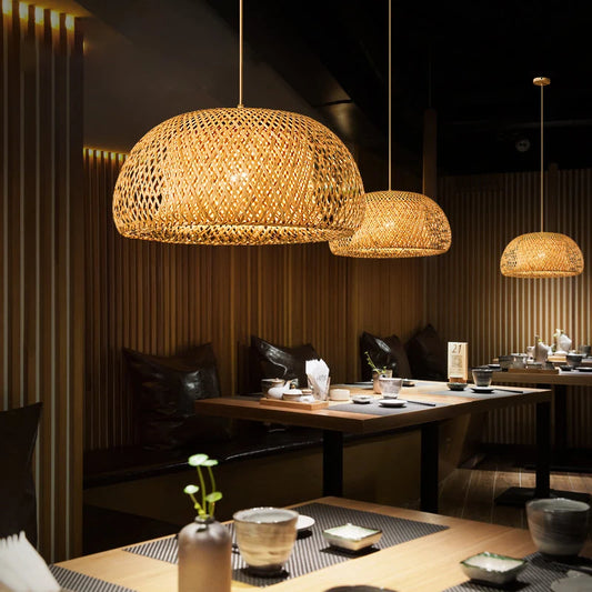hand knitted bamboo pendant hanging lamp natural woven ceiling light fixture for bedroom dining room restaurant cafe and home decor