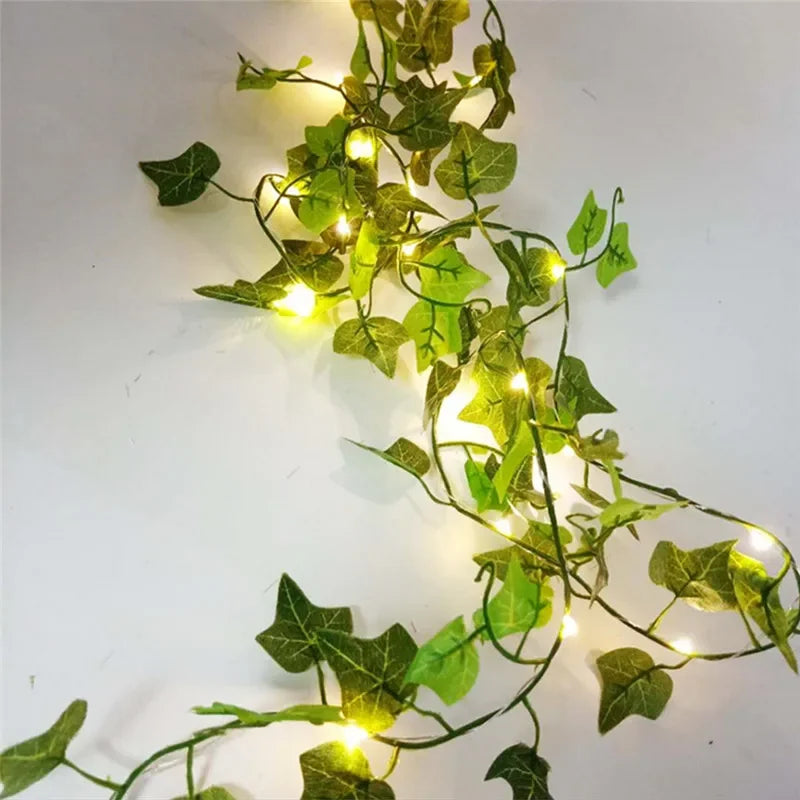battery powered green leaf vine fairy lights with LED bulbs for bedroom wall garden Christmas wedding party and home decor
