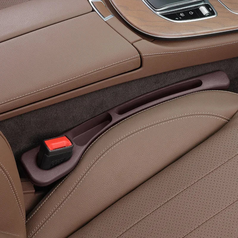 Car seat gap plug storage box and leak resistant strip for car interior