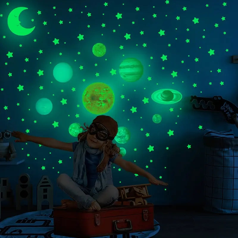525PCS glow in the dark nine planets wall stickers for kids bedroom space theme decor