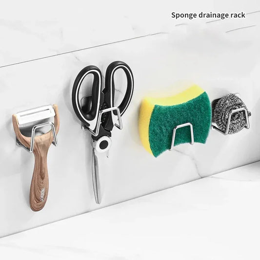 Stainless steel sink sponge holder adhesive drain drying rack for kitchen sponge scrubber and soap storage