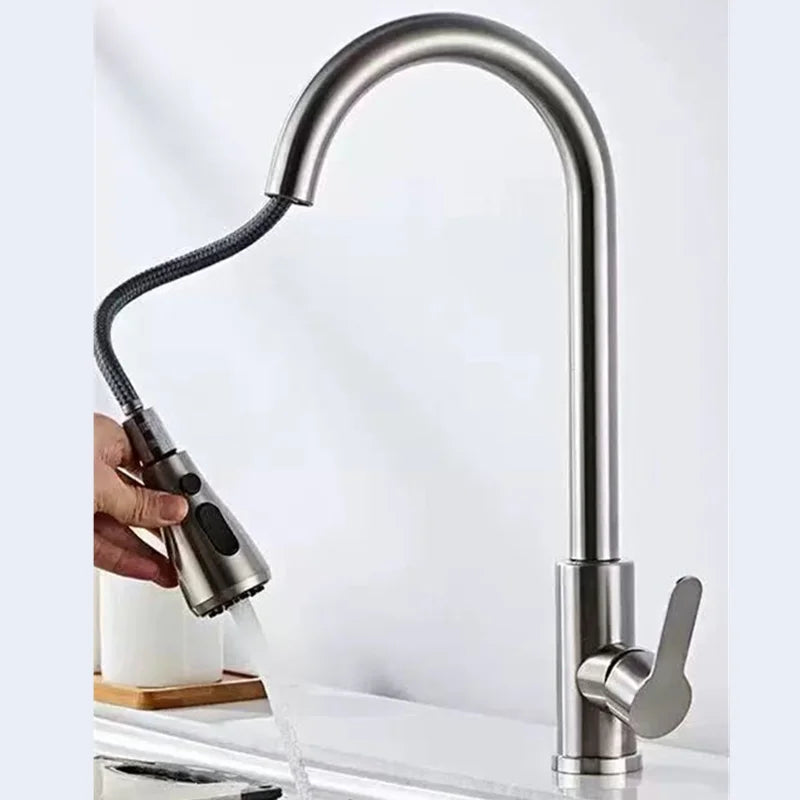 Black stainless steel pull out kitchen sink faucet with single handle design