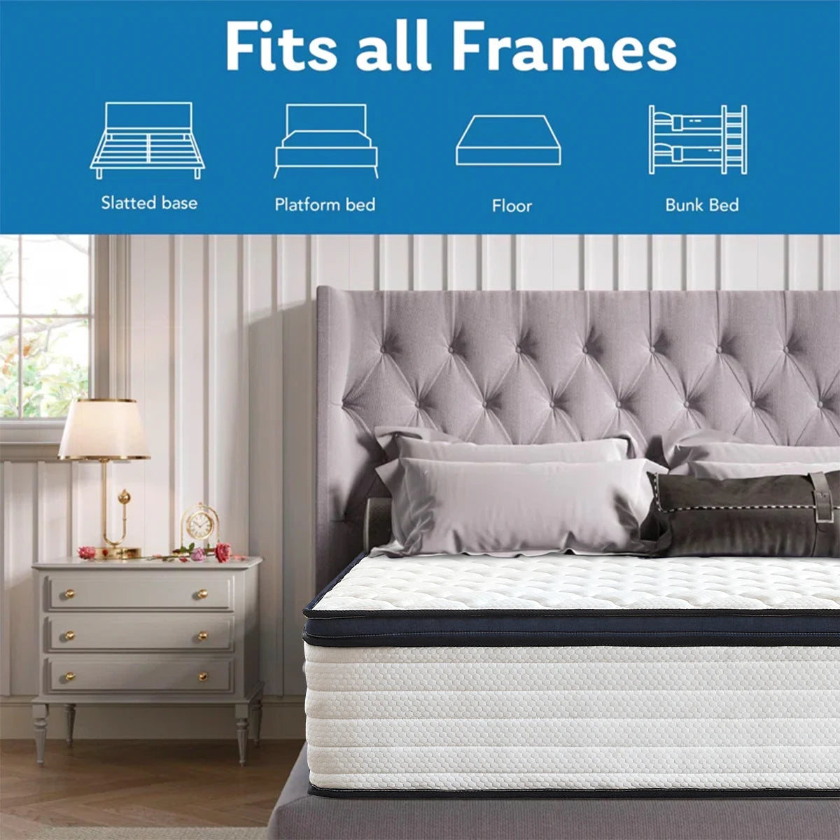 Queen size gel memory foam hybrid mattress with pocketed coils breathable jacquard cover and pressure relief support