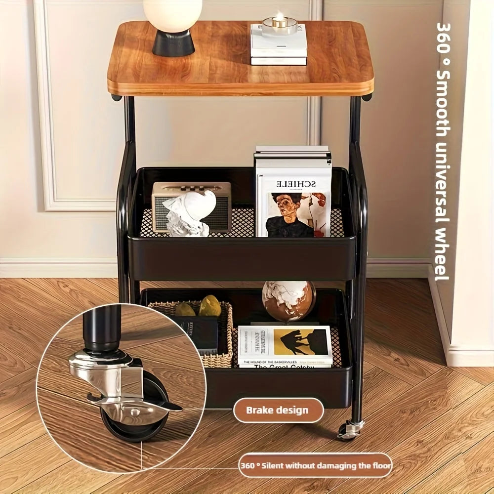 3 tier rolling cart with tabletop wood and metal storage rack with wheels
