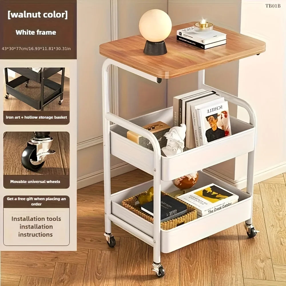 3 tier rolling cart with tabletop wood and metal storage rack with wheels
