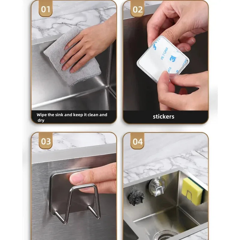 Stainless steel sink sponge holder adhesive drain drying rack for kitchen sponge scrubber and soap storage