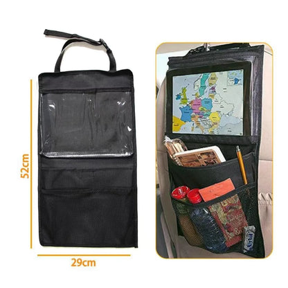 Car backseat organizer with touch screen tablet holder and storage pockets