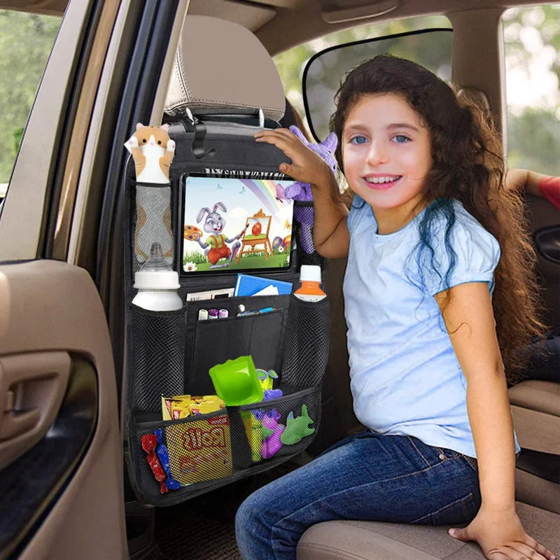 Car backseat organizer with touch screen tablet holder and storage pockets