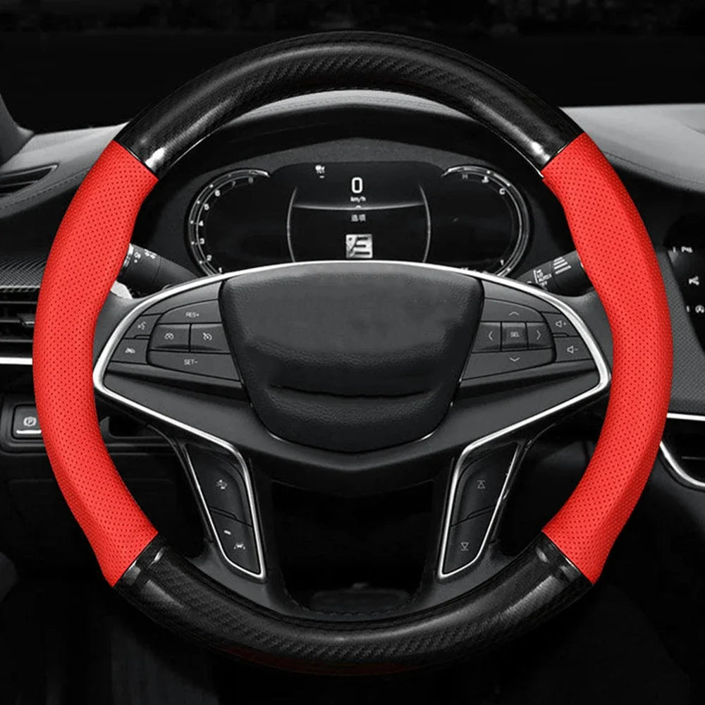 Carbon fiber leather car steering wheel cover anti slip 38cm universal fit