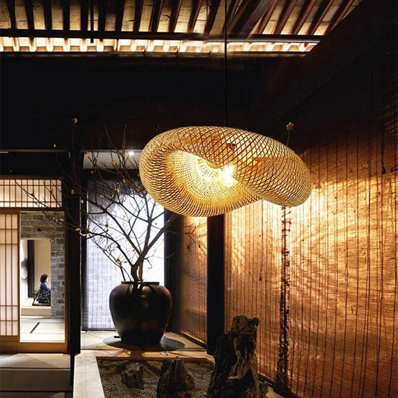 hand knitted bamboo pendant hanging lamp natural woven ceiling light fixture for bedroom dining room restaurant cafe and home decor