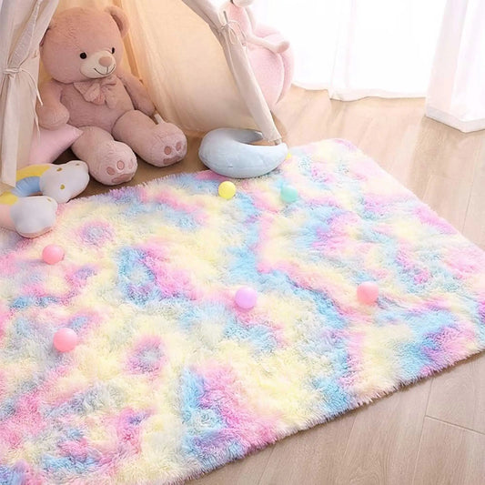 Kids rainbow fluffy area rug for bedroom playroom and living room decor