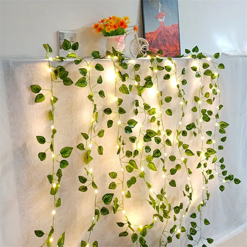 battery powered green leaf vine fairy lights with LED bulbs for bedroom wall garden Christmas wedding party and home decor