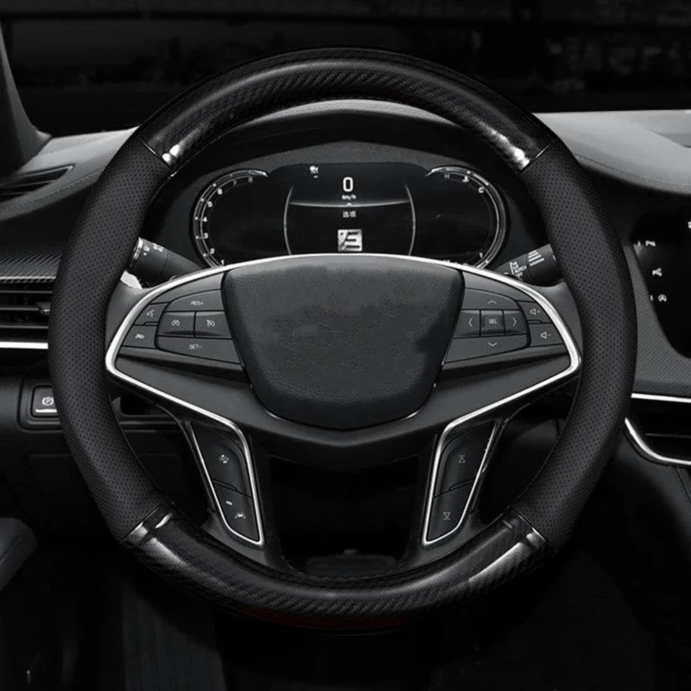 Carbon fiber leather car steering wheel cover anti slip 38cm universal fit