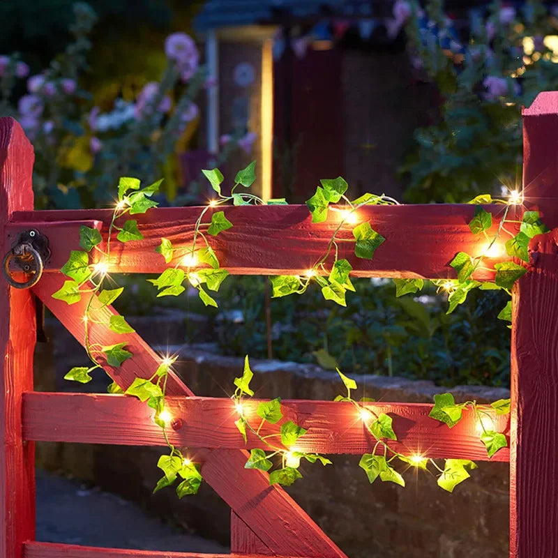 battery powered green leaf vine fairy lights with LED bulbs for bedroom wall garden Christmas wedding party and home decor