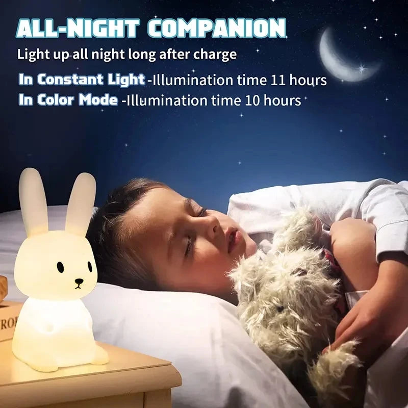 cute silicone rabbit LED night light with touch sensor rechargeable battery warm light and 7 color changing mode for kids bedroom nursery
