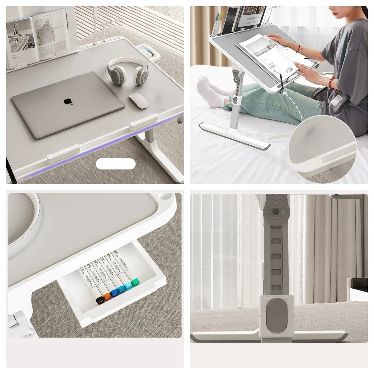 Adjustable laptop bed tray table with storage drawer for bed sofa and home office