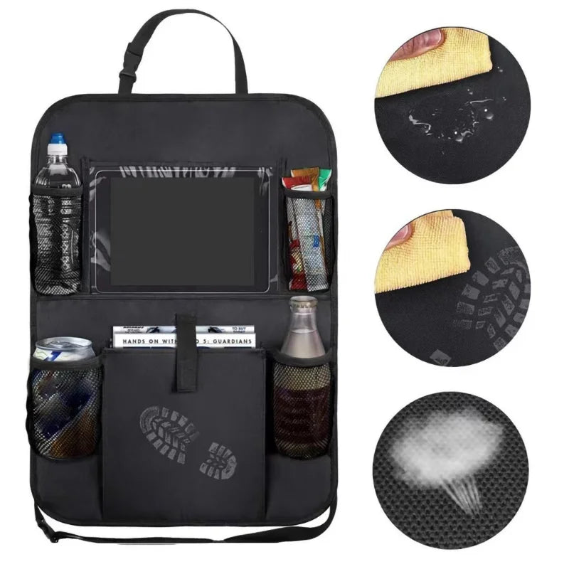 Car backseat organizer with touch screen tablet holder and storage pockets