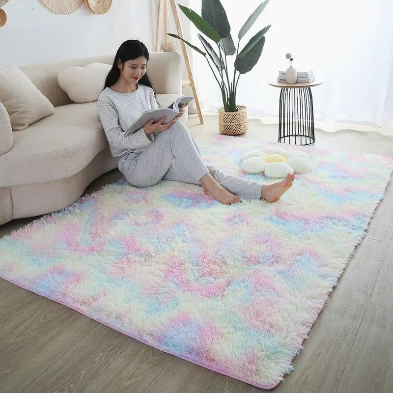 Kids rainbow fluffy area rug for bedroom playroom and living room decor