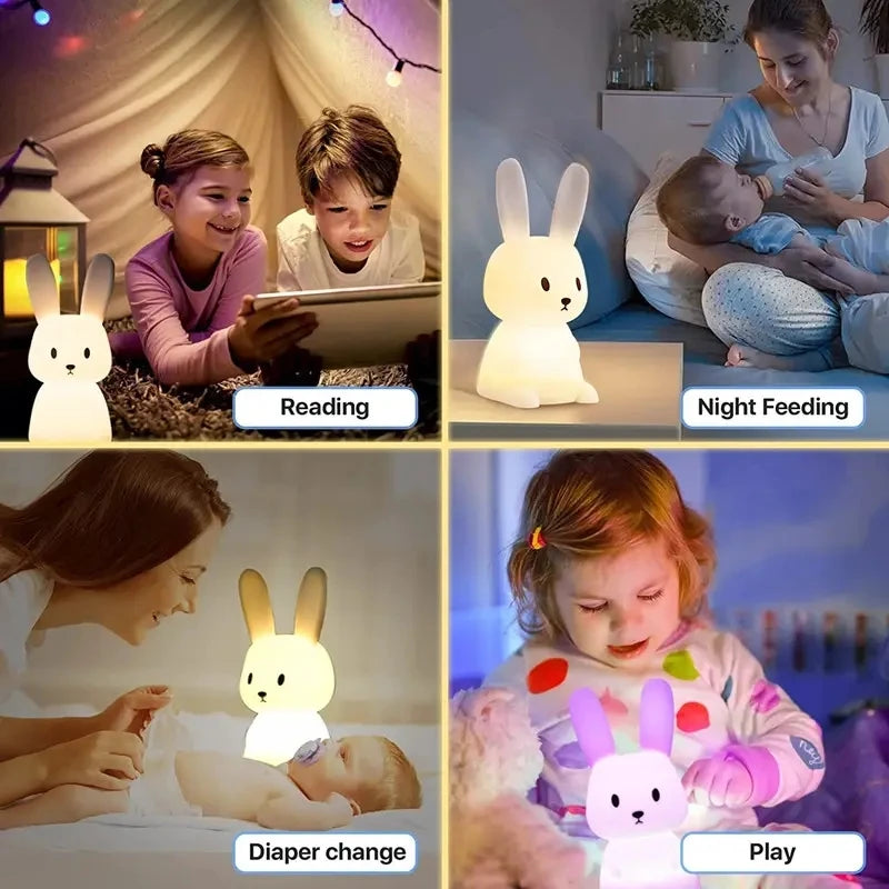 cute silicone rabbit LED night light with touch sensor rechargeable battery warm light and 7 color changing mode for kids bedroom nursery