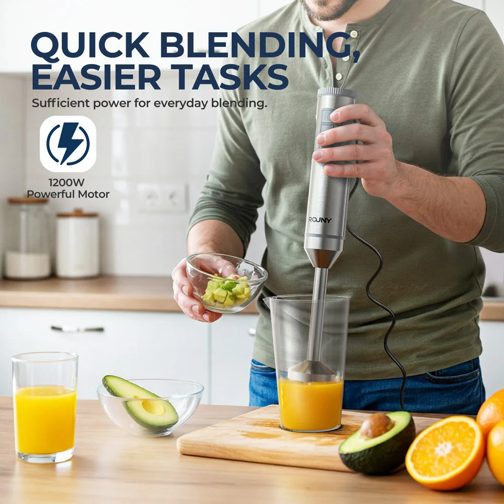 4-in-1 1000W stainless steel immersion hand blender set with chopper whisk and mixing cup