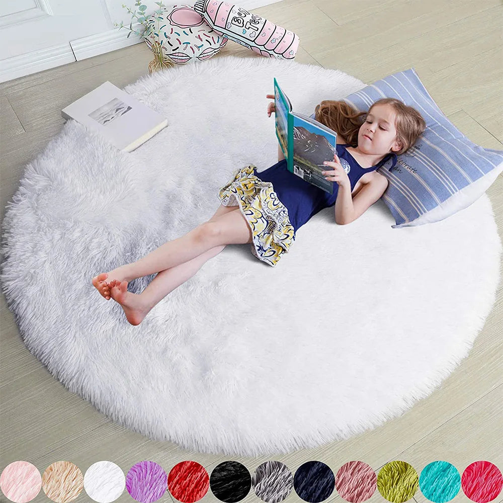 Round fluffy soft area rug for kids girls room princess bedroom decor