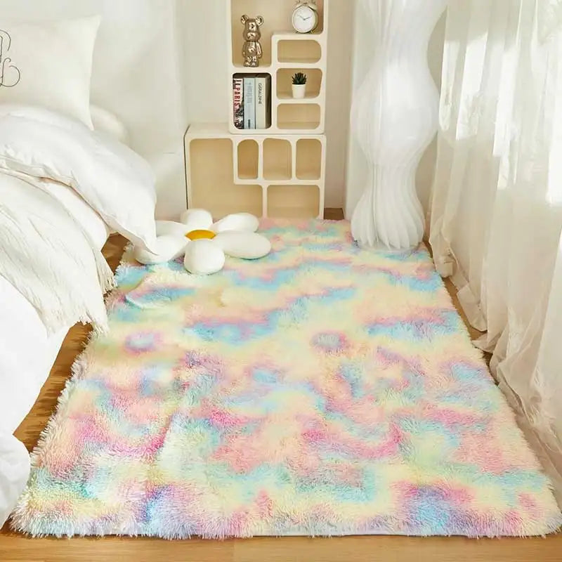 Kids rainbow fluffy area rug for bedroom playroom and living room decor
