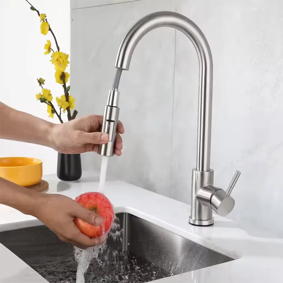 Black stainless steel pull out kitchen sink faucet with single handle design
