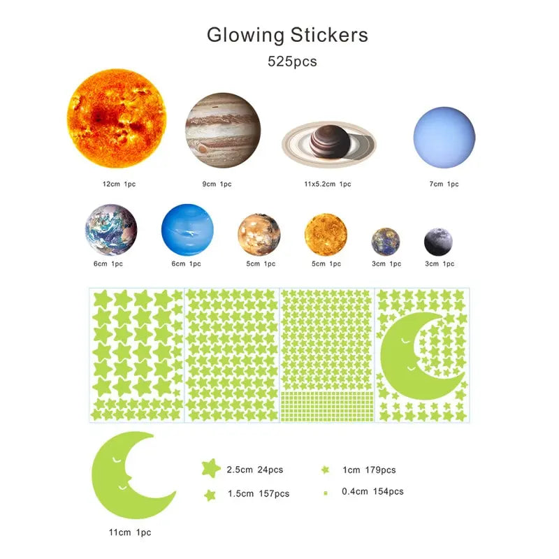 525PCS glow in the dark nine planets wall stickers for kids bedroom space theme decor