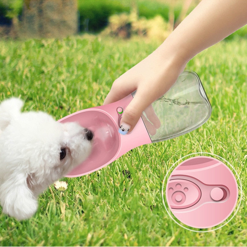 Small dog beside portable pet water bottle size display