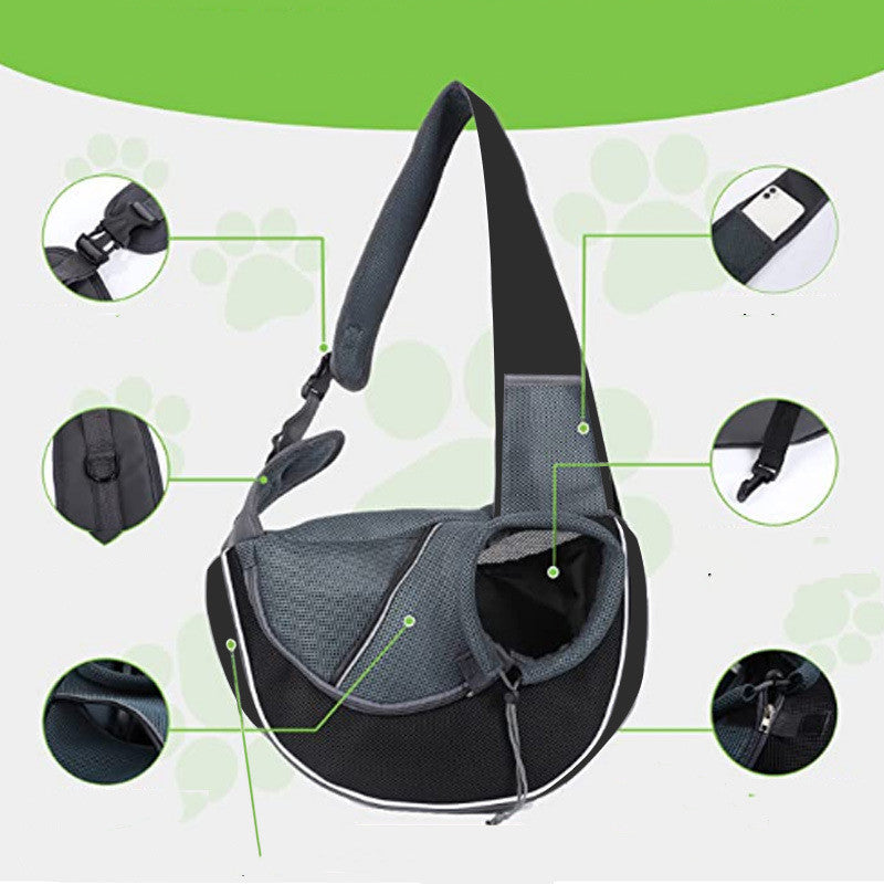 Small dog sitting inside breathable crossbody pet carrier bag