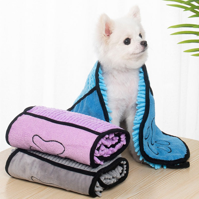 Soft chenille dog drying towel with absorbent microfiber texture