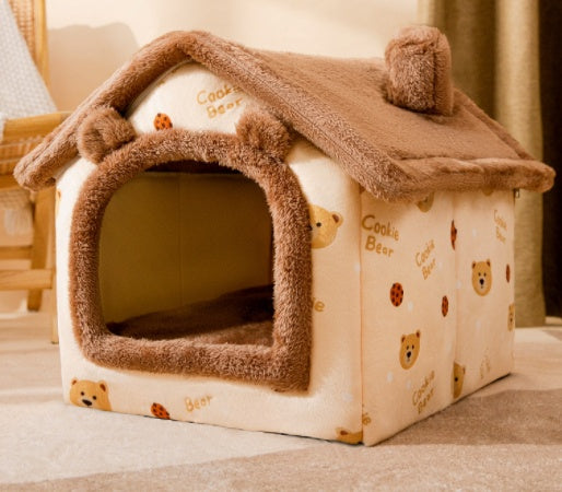 Warm dog house bed with soft roof